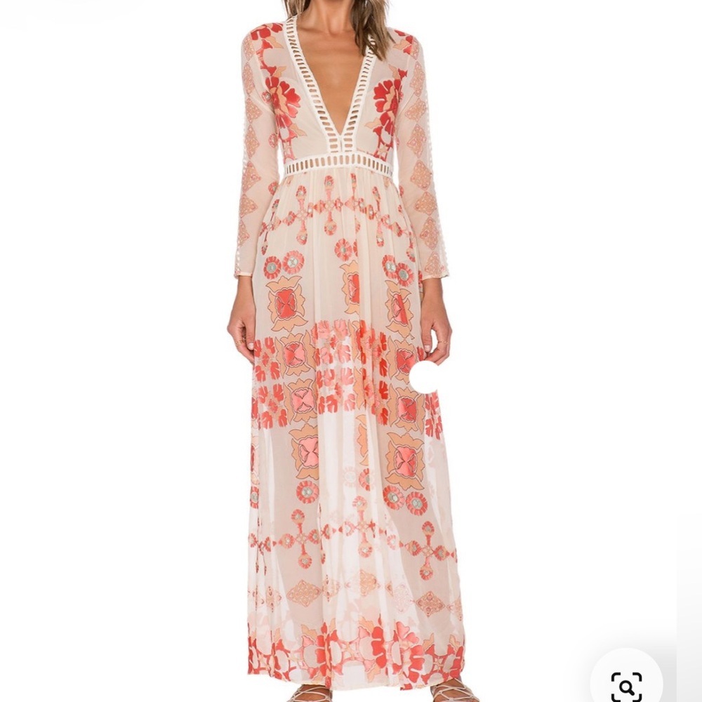 FOR LOVE AND LEMONS BARCELONA ORANGE YELLOW MAXI BOHO V-NECK DRESS WOMENS SZ XS